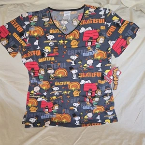 Snoopy Cherokee Scrubs Tooniforms Peanuts V Neck Top Grateful XS - Picture 1 of 10