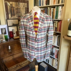 New & Lingwood of Jermyn Street Cream Blue and Red Checked Linen Jacket  - Picture 1 of 16