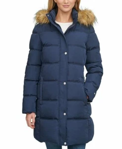 Tommy Hilfiger Faux Fur Trim Hooded Navy Blue Puffer Coat X4404 Size Small - Picture 1 of 2