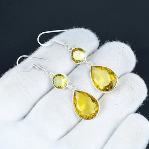 Stupefacente Citrino Gemma a Mano Gioielli 925 Sterling Orecchini Argento Donna - Foto 1 di 4
