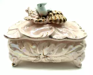 Vintage Pink Gold Lusterware Bird Finial Porcelain Dresser Vanity Box Lidded - Picture 1 of 10