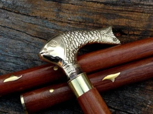 Vintage Antique Brass Fish Head Handle Victorian Wooden Walking Stick Cane Gift - Picture 1 of 8