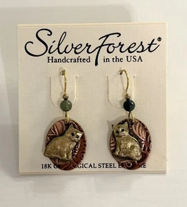 New Silver Forest Cat on Copper Ovals with Bead Dangle Earrings Surgical Steel - Picture 1 of 6