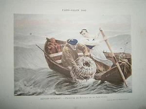 Gravure 19° 1899 couleur Peinture A. Guillou: Pêcheurs de homard et de langouste - Picture 1 of 1