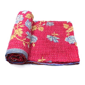 Vintage Kantha Quilt Indian Cotton Bedspread Tropical Bedding Blanket f - Picture 1 of 5