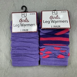 2 Pair Molly Jacobs Girls Leg Warmers Purple & Purple with Dots and Stripes - Picture 1 of 3