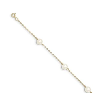 14k Yellow Gold 6-7mm White Near Round Freshwater Cultured Pearl 6-station Ankle - Picture 1 of 2