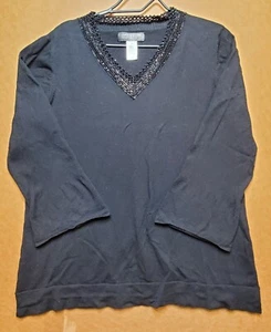 Jones New York Womens Shirt Top XL Black Beaded Lace V Neckline 3/4 Wide Sleeve - Picture 1 of 11