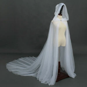 Ladies Tulle Long Cape Cloak Elegant Fairy Bridal Wedding with Hood Two Layers - Picture 1 of 120