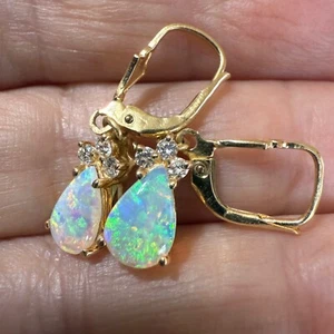 9x6 mm P/S Natürlicher Kristall Opal & Diamant Ohrhänger Leverback 14K 2,9 gm - Bild 1 von 11