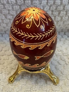 VINTAGE HANDBEMALTER ECHTER EI UND MESSINGSTÄNDER Fisch - Bild 1 von 6