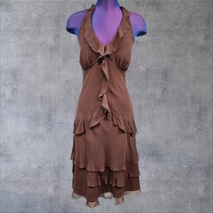 Vintage Sangria Neutral Brown Silk Layered Ruffle Fairy Halter Dress Size 12 F96 - Picture 1 of 9