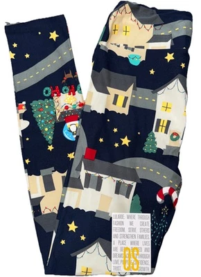 NUEVO LuLaRoe Talla Única OS (2-10) Azul Marino Papá Noel Con Reno Navidad Leggings Foto 1 de 4