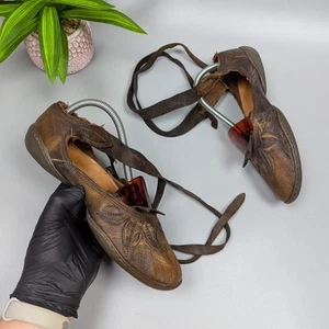 Trippen Leather Ankle Wrap Ballet Flats EU38 / US7.5-8 Rustic Distressed Look - Picture 1 of 15