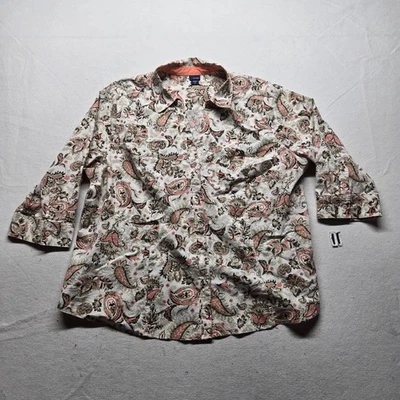 ОСНОВНЫЕ ИЗДАНИЯ коричневый пейсли кнопка вверх спереди Henley 3/4 рукава взрослых женщин 3 X - Изображение 1 из 4