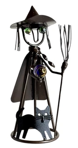 Metall Hexen Skulptur mit Katze, Besen und Kristallkugel 10 1/4" - Bild 1 von 6