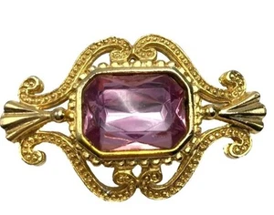 Vintage Victorian Regency Brooch Gold Purple Glass Rhinestone Scroll Radiant Cut - Picture 1 of 5