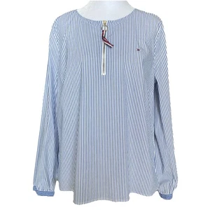 Tommy Hilifiger Women's Top Sz M Blue White Stripe Long Sleeve 1/4 Zip Preppy - Picture 1 of 13