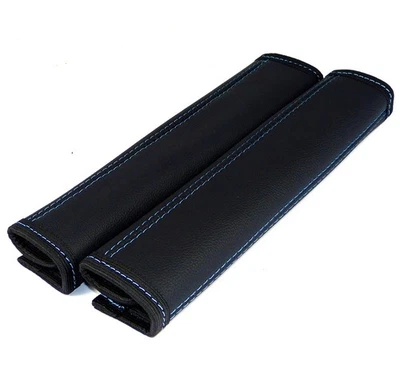 2x Gurtschoner aus 100% Echtleder Schwarz Blaue Naht Gurtpolster Sicherheitsgurt - Bild 1 von 2