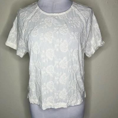 Poetry Blouse Top 6 Cream Embroidered Floral Chic Short Sleeve Versatile Zip - Image 1 of 4
