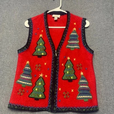 Talbots Women's Vest Size S Red Christmas Tree Embroidered Knit Zip-Up 100% Wool - Image 1 of 4