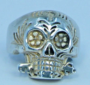 ANILLO calavera de azúcar de plata de ley 925 maciza para hombre talla 14 llaves esqueleto motociclista 3D - Imagen 1 de 9