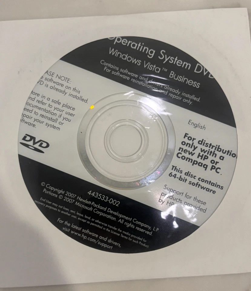 HP Operating System DVD Windows Vista Business  Reinstallation W/ License - Image 1 of 1