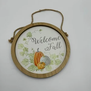 "Welcome Fall" Perfect Harvest Round Framed Art with Rope Hanger Door Wall 10x10 - Picture 1 of 5