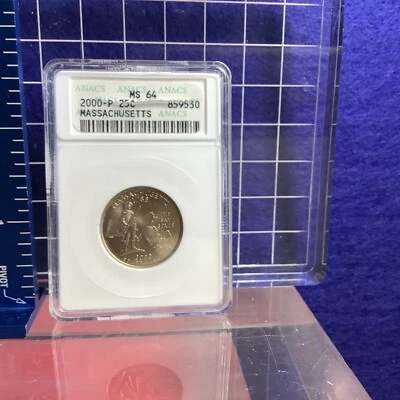 2000-P MASSACHUSETTS STATE QUARTER 25c ANAC MS64 Slab Has Small Crack In Front - Image 1 of 2