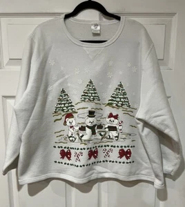 VTG JMS Sz 22W/24W White Christmas Bear Family Skating On Ice Fleece Sweatshirt - Picture 1 of 4