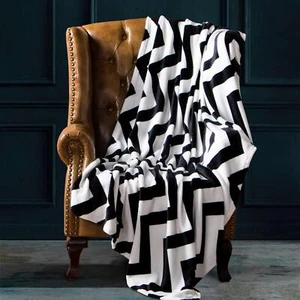 Flannel King Blanket Super Soft with Black and White Chevron Pattern Bed Blan... - Picture 1 of 7