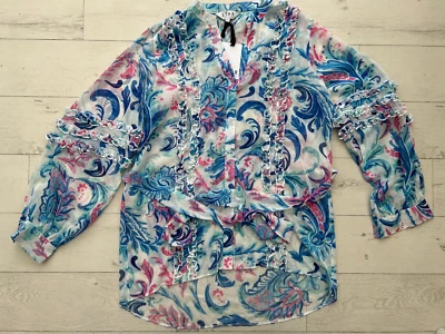 STAR by Julien Macdonald Size 12 White Blue Printed Ruffle Blouse NEW - Image 1 of 4
