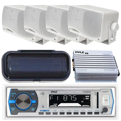 Pyle PLMRB29W Yacht Marine Boat USB WMA AUX AM FM Radio 4 X Box Speakers Amp Pkg - Image 1 of 4