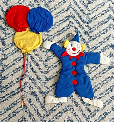 Vintage Clown & Balloons Padded Fabric Nursery Wall Art 2 pc Set 1980s - Image 1 of 4