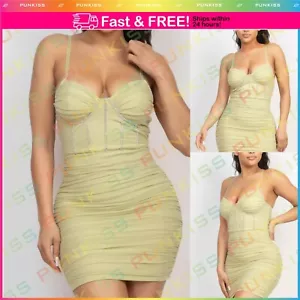 Womens Sleeveless Mesh Ruched Stone Cami Shirred Clubwear Bodycon Mini Dress - Picture 1 of 6