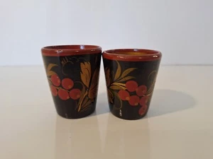 Set of 2 Hand Painted Russian Khokhloma Wooden Lacquer Cups Made in USSR 2 Inch - Picture 1 of 5