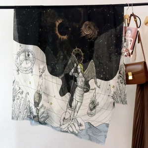 100% Wool Shawl Scarf Bandanna Black cat Print Neckerchief 200cmX100cm wrap new - Picture 1 of 5