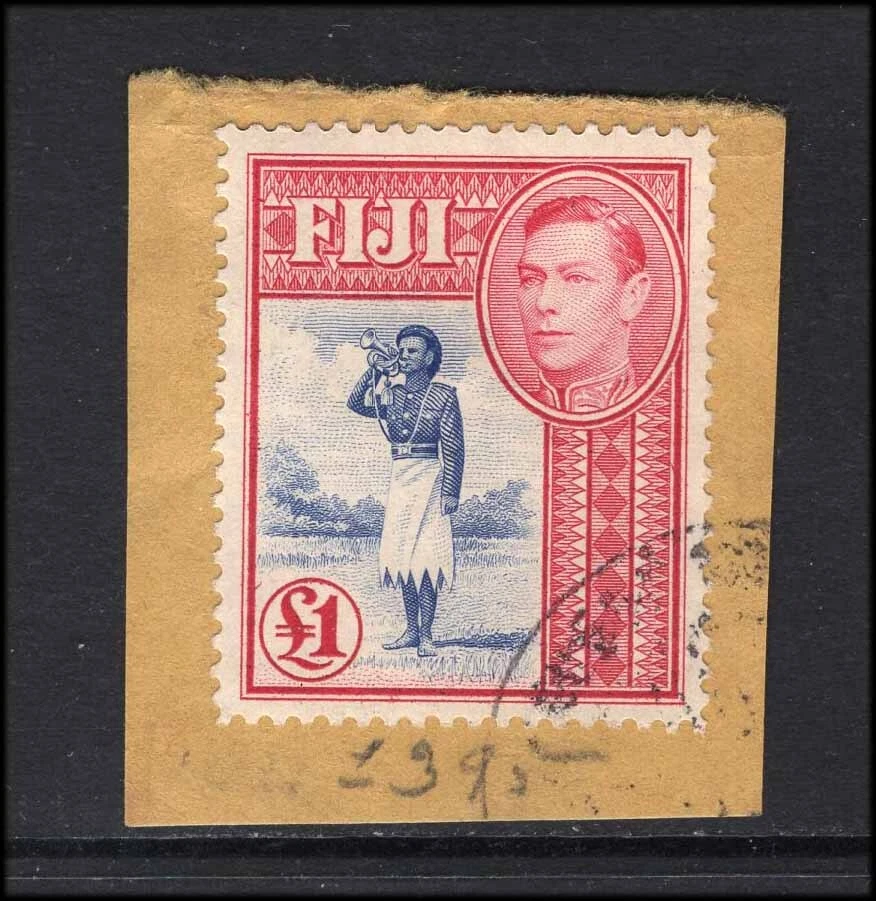 M26985 Fiji 1938 £1 Ultramarine/Carmine Fine used on piece Sg 266b Cat £75 - Image 1 of 1