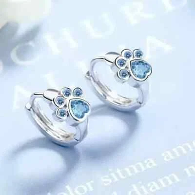 2CT Lab Created Heart Cut Blue Topaz Dog Paw Earring's 14K White Gold Plated - Image 1 of 4