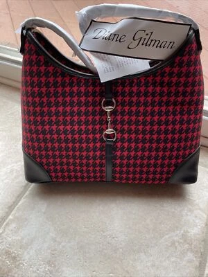 Diane Gilman Black Red Check Silk Teflon Protected Tote Bag Purse New - Image 1 of 4