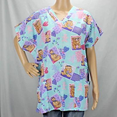 Simply Basic Blue with Teddy Bears Large Scrub Top Two Pockets Side Slits V Neck - Image 1 of 4