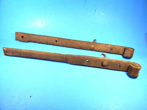 Antique Forged Iron Strap Hinges With Original Rose Head Nails 16" Long Cover