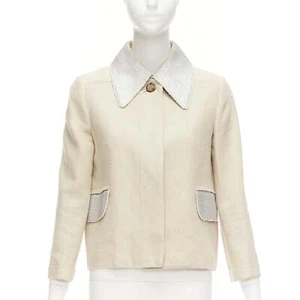 CARVEN beige linen cotton blend silver tweed collar button boxy jacket FR38 M - Picture 1 of 10