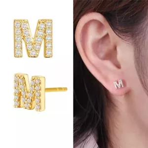 Initial Stud Earrings 925 Sterling Silver or Gold-Plated Cubic CZ Alphabet - Picture 1 of 5