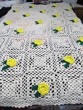 HAND KNIT/CROCHETED DOUBLE YELLOW FLOWER W/GREEN STEM - BEIGE COLOR - 72 X 46