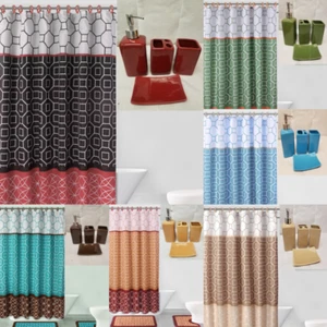 NEW 19PC Bathroom Bath Rugs Mats and Shower Curtain Set With Ceramic Accessories - Picture 1 of 19