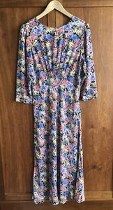 M&S x Ghost Floral Midi Tea Dress Size 14 R Pink/Blue Ditsy Shirred/Gathers VGC - Picture 1 of 14