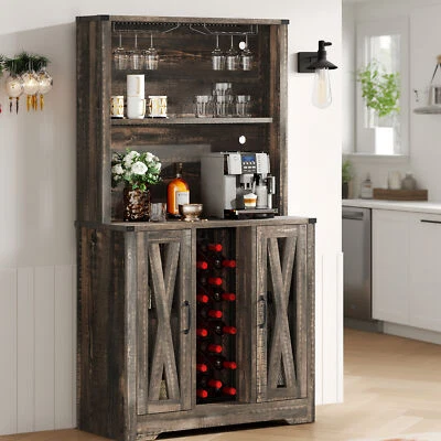 Kitchen Corner Bar Cabinet Liquor Wine Storage Stemware Rack Display LED Light - Image 1 of 4