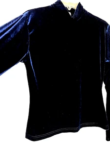Samt tailliert Damen Top Shirt Gr. M Stehkragen dunkelblau Langarm Vintage - Bild 1 von 5