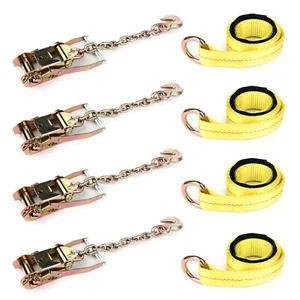 Trailer Tie Down Kit 4 Lasso Wheel Tire Ratchet Straps Chain Strap Flatbed Car - Picture 1 of 10